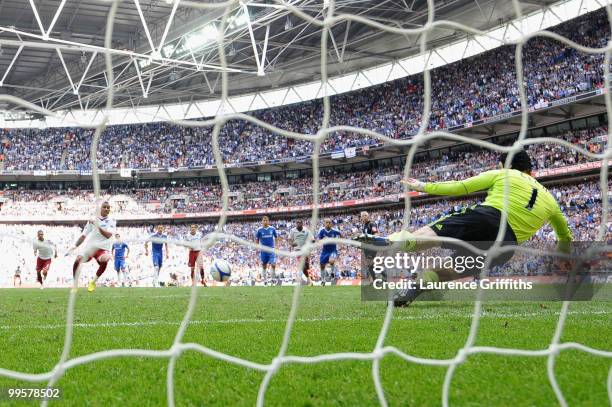 Kevin Prince Boateng of Portsmouth takes a penalty and has it saved by Petr Cech of Chelsea during the FA Cup sponsored by E.ON Final match between...