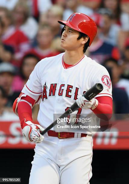 Los Angeles Angels of Anaheim designated hitter Shohei Ohtani during an at bat in the first inning of a game against the Seattle Mariners played on...