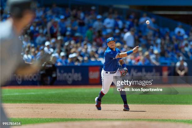 Toronto Blue Jays Infield Yangervis Solarte throws to first as the Yankee runner looks on during the MLB game between the New York Yankees and the...
