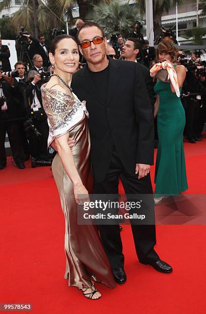 Jean Claude Van Damme and Gladys Portugues attend the "You Will Meet A Tall Dark Stranger" Premiere at the Palais des Festivals during the 63rd...