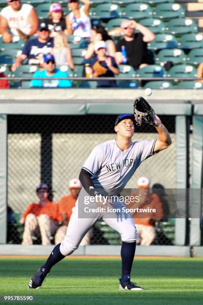 New York Yankees right fielder Aaron Judge catches a fly ball in the first inning during the game between the New York Yankees and the Baltimore...