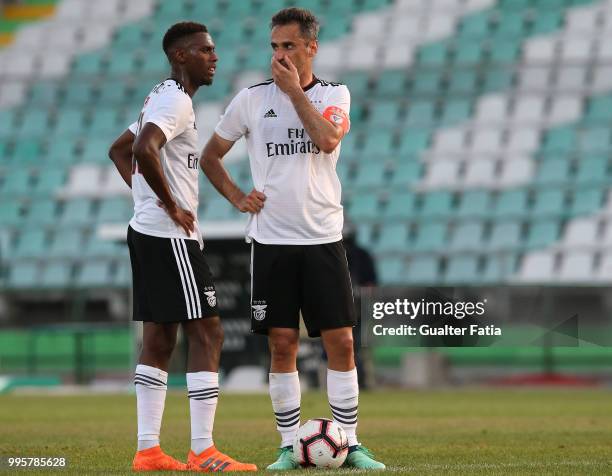 Benfica forward Jonas from Brazil talks to SL Benfica forward Heriberto Tavares from Portugal during the Pre-Season Friendly match between SL Benfica...
