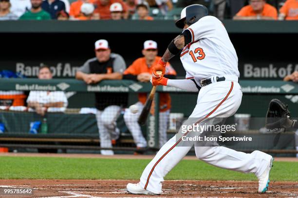 Baltimore Orioles shortstop Manny Machado singles in the first inning during the game between the New York Yankees and the Baltimore Orioles on July...