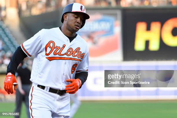Baltimore Orioles second baseman Jonathan Schoop rounds the bases after his home run was called a ground rule double in the second inning during the...