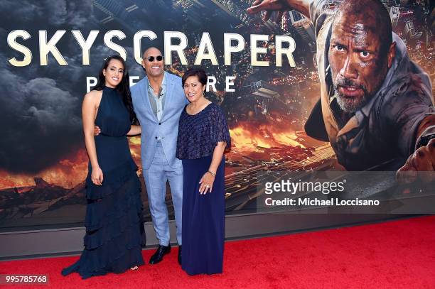 Dwayne Johnson , his daughter Simone Garcia Johnson , and his mother Ata Johnson attend the 'Skyscraper' New York Premiere at AMC Loews Lincoln...