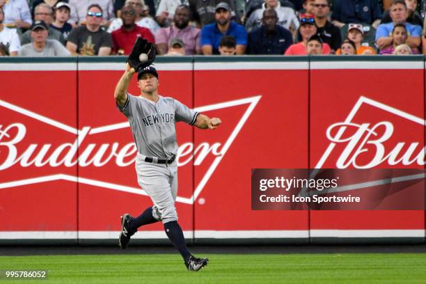 New York Yankees left fielder Brett Gardner runs down a fly ball during the game between the New York Yankees and the Baltimore Orioles on July 10 at...