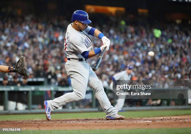 Willson Contreras of the Chicago Cubs bats against the San Francisco Giants in the fourth inning at AT&T Park on July 10, 2018 in San Francisco,...