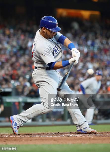 Willson Contreras of the Chicago Cubs bats against the San Francisco Giants in the fourth inning at AT&T Park on July 10, 2018 in San Francisco,...