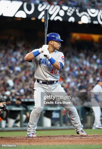 Willson Contreras of the Chicago Cubs bats against the San Francisco Giants in the fourth inning at AT&T Park on July 10, 2018 in San Francisco,...