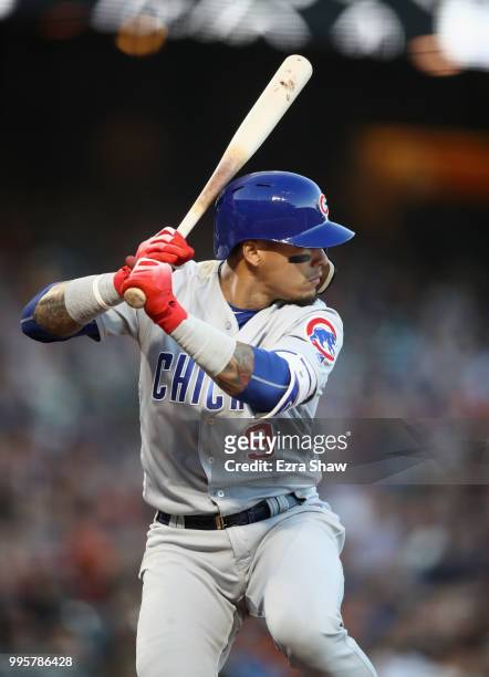 Javier Baez of the Chicago Cubs bats against the San Francisco Giants in the fourth inning at AT&T Park on July 10, 2018 in San Francisco, California.
