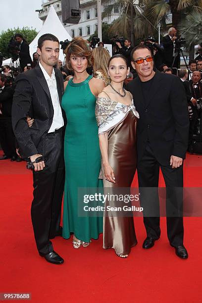 Guests with Jean Claude Van Damme and Gladys Portugues attend the "You Will Meet A Tall Dark Stranger" Premiere at the Palais des Festivals during...