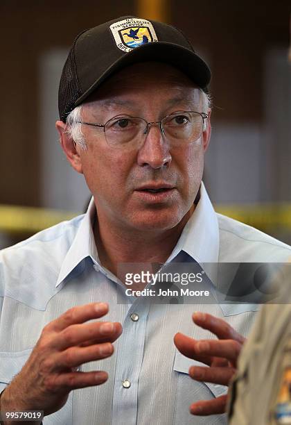 Secretary of the Interior Ken Salazar speaks during a visit to the Fort Jackson Wildlife Rehabilitation Center on May 15, 2010 in Buras, Louisiana....