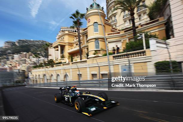 Jarno Trulli of Italy and Lotus drives during qualifying for the Monaco Formula One Grand Prix at the Monte Carlo Circuit on May 15, 2010 in Monte...