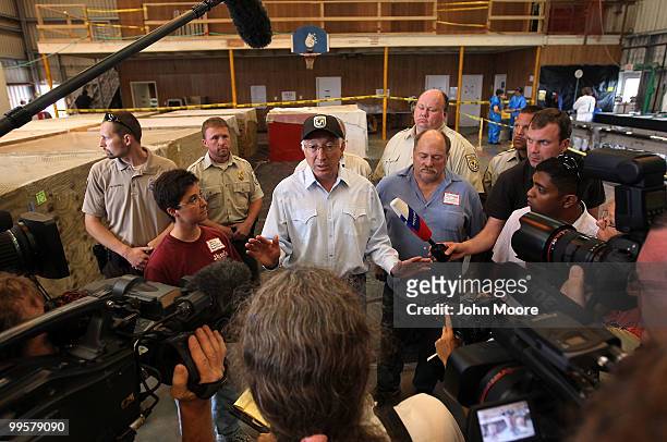 Secretary of the Interior Ken Salazar speaks to the media during a visit to the Fort Jackson Wildlife Rehabilitation Center on May 15, 2010 in Buras,...