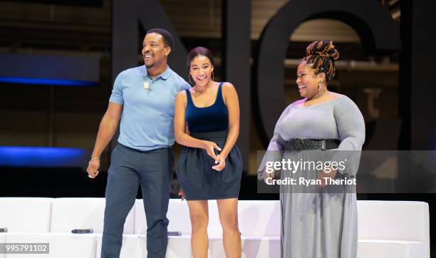 Actors Russel Hornsby and Amandla Stenberg and author Angie Thomas attend “The Hate U Give” cast and filmmakers presentation at Essence Festival 2018...