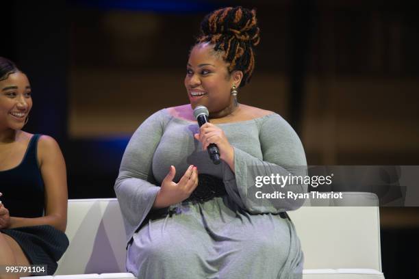 Actor Amandla Stenberg and author Angie Thomas attend “The Hate U Give” cast and filmmakers presentation at Essence Festival 2018 on July 6, 2018 in...