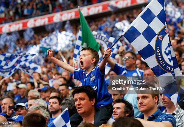 Young Chelsea fan celebrates his team's victory in the FA Cup sponsored by E.ON Final match between Chelsea and Portsmouth at Wembley Stadium on May...