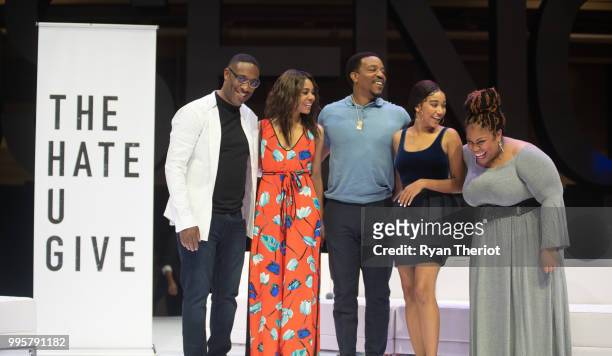 Director George Tillman, Jr., actors Regina Hall, Russel Hornsby and Amandla Stenberg and author Angie Thomas attend “The Hate U Give” cast and...
