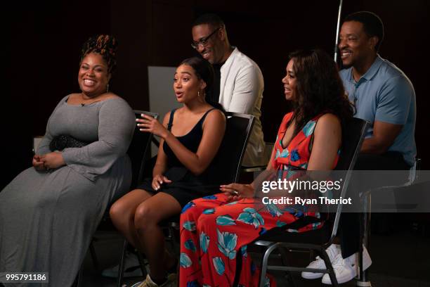 Author Angie Thomas and actors Amandla Stenberg and Regina Hall and director George Tillman Jr and actor Russel Hornsby during “The Hate U Give” cast...