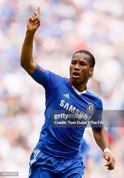 Didier Drogba of Chelsea celebrates scoring the winning goal during the FA Cup sponsored by E.ON Final match between Chelsea and Portsmouth at...