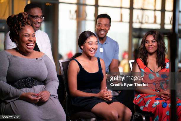 Author Angie Thomas and actors Amandla Stenberg and Regina Hall and director George Tillman Jr and actor Russel Hornsby during “The Hate U Give” cast...