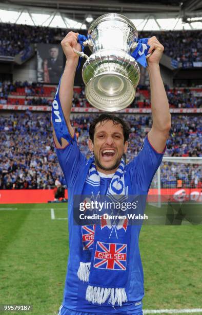 Juliano Belletti of Chelsea celebrates with the trophy at the end of the FA Cup sponsored by E.ON Final match between Chelsea and Portsmouth at...