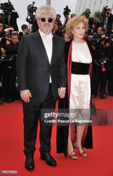 Director Pedro Almodovar and actress Maria Luisa Paredes attends the "You Will Meet A Tall Dark Stranger" Premiere at the Palais des Festivals during...