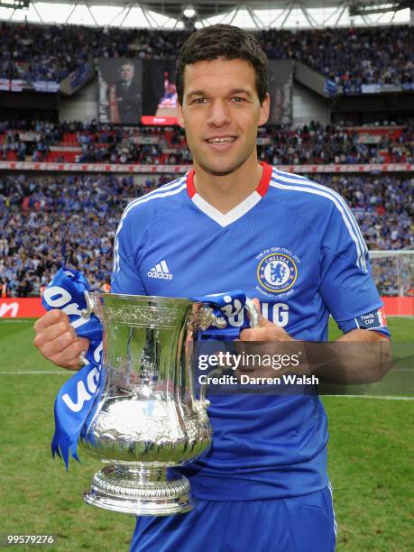 Michael Ballack of Chelsea celebrates with the trophy at the end of the FA Cup sponsored by E.ON Final match between Chelsea and Portsmouth at...