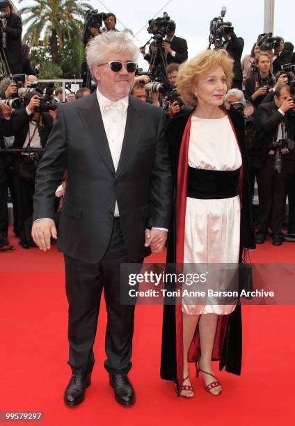 Director Pedro Almodovar and actress Marisa Paredes attend the 'You Will Meet A Tall Dark Stranger' Premiere held at the Palais des Festivals during...