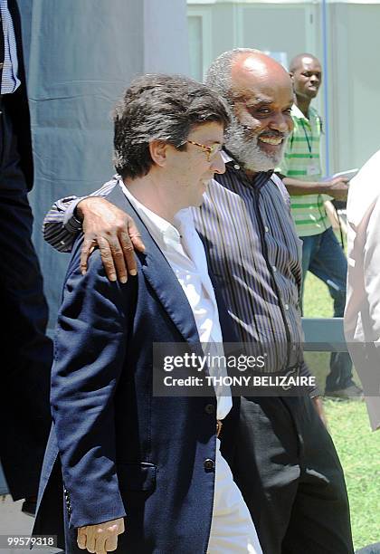 Haitian President Rene Preval speak with Inter-America Development Bank President Alberto Morena on May 15, 2010 in Port-au-Prince. Morena said the...