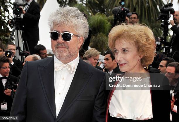 Director Pedro Almodovar and actress Marisa Paredes attend the 'You Will Meet A Tall Dark Stranger' Premiere held at the Palais des Festivals during...