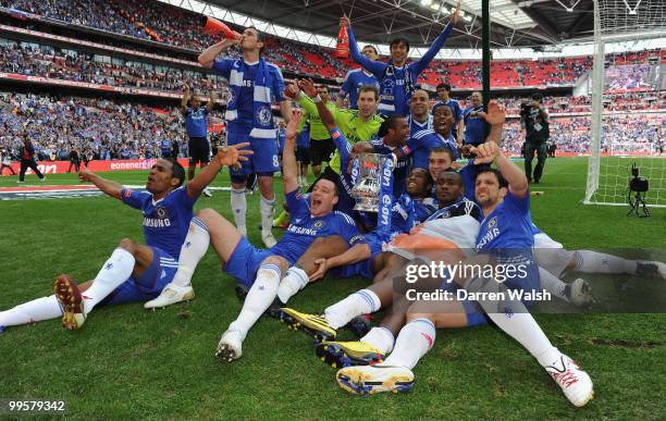 The Chelsea players celebrate victory at the end of the FA Cup sponsored by E.ON Final match between Chelsea and Portsmouth at Wembley Stadium on May...