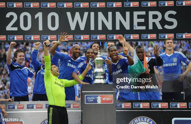 John Terry of Chelsea leads the celebrations with his team after winning the FA Cup sponsored by E.ON Final match between Chelsea and Portsmouth at...