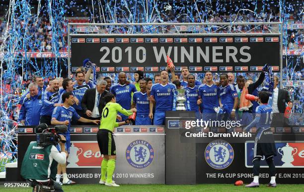 John Terry of Chelsea leads the celebrations with his team after winning the FA Cup sponsored by E.ON Final match between Chelsea and Portsmouth at...