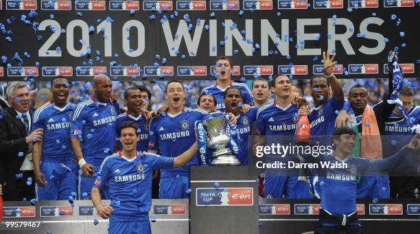 John Terry of Chelsea leads the celebrations with his team after winning the FA Cup sponsored by E.ON Final match between Chelsea and Portsmouth at...