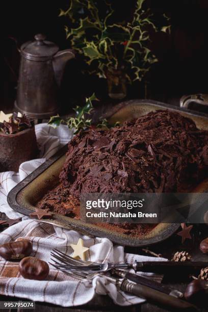 chocolate buche de noel - buche noel stock pictures, royalty-free photos & images