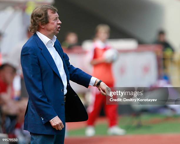 Head coach Yuri Syomin of FC Lokomotiv Moscow gestures during the Russian Football League Championship match between FC Lokomotiv Moscow and FC Amkar...