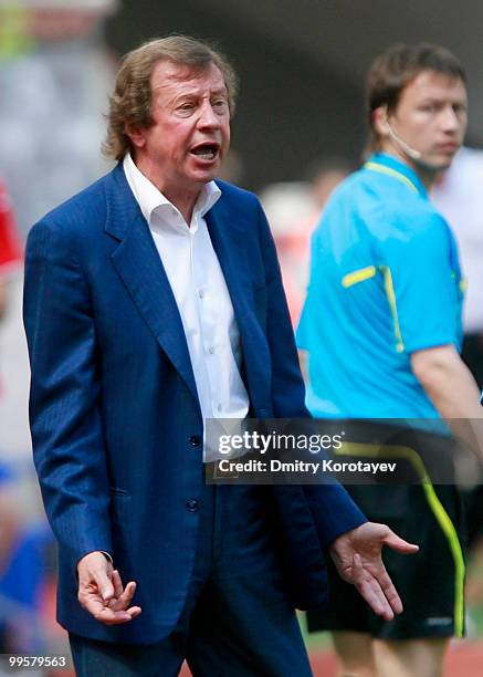 Head coach Yuri Syomin of FC Lokomotiv Moscow gestures during the Russian Football League Championship match between FC Lokomotiv Moscow and FC Amkar...