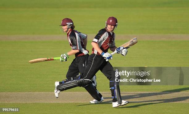 Top scorers James Hildreth and Jos Buttler of Somerset run between the stumps during the Clydesdale Bank 40 match between Somerset and Sussex at the...