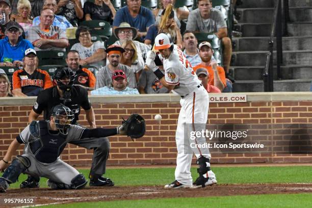 Baltimore Orioles catcher Caleb Joseph is hit by a pitch in the ninth inning during the game between the New York Yankees and the Baltimore Orioles...