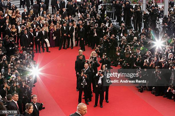 Photographers on the red carpet at the "You Will Meet A Tall Dark Stranger" Premiere at the Palais des Festivals during the 63rd Annual Cannes Film...