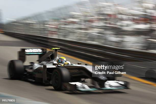 Nico Rosberg of Germany and Mercedes GP drives during qualifying for the Monaco Formula One Grand Prix at the Monte Carlo Circuit on May 15, 2010 in...
