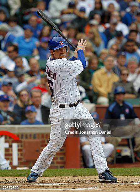 Starting pitcher Ryan Dempster of the Chicago Cubs hits a double in the 3rd inning against the Pittsburgh Pirates at Wrigley Field on May 15, 2010 in...