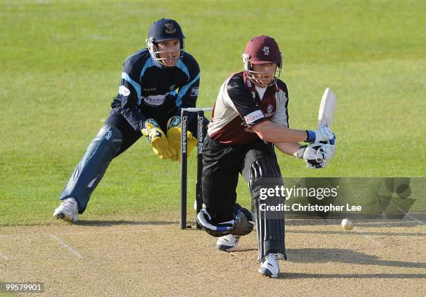 Jos Buttler of Somerset in action as Andrew Hodd of Sussex watches during the Clydesdale Bank 40 match between Somerset and Sussex at the County...