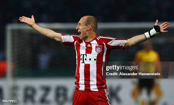 Arjen Robben of Bayern gestures during the DFB Cup final match between SV Werder Bremen and FC Bayern Muenchen at Olympic Stadium on May 15, 2010 in...