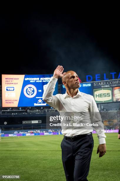 Head Coach Chris Armas of New York Red Bulls waves to fans after the Major League Soccer Hudson River Derby match between New York City FC and New...