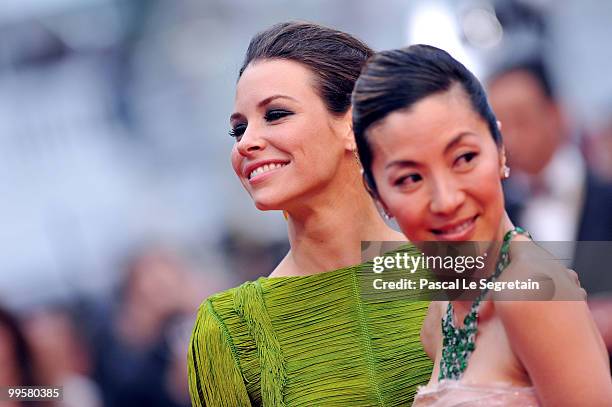 Actresses Evangeline Lilly and Michelle Yeoh attend the "You Will Meet A Tall Dark Stranger" Premiere at the Palais des Festivals during the 63rd...