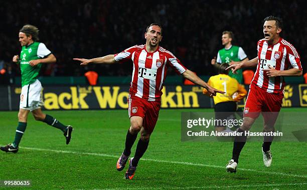 Franck Ribery of Bayern celebrates after scoring his team's third goal during the DFB Cup final match between SV Werder Bremen and FC Bayern Muenchen...