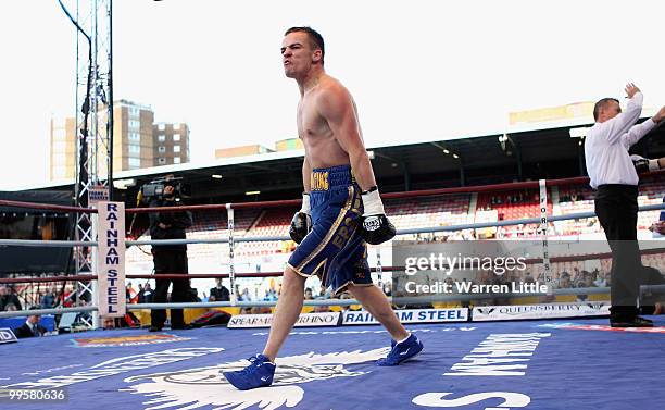 Frankie Gavin celebrates beating Gavin Tait for the Lightwieght Conetest at Boleyn Ground on May 15, 2010 in London, England.