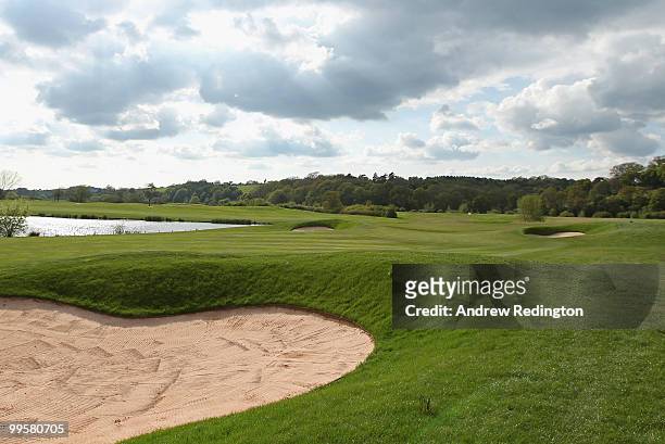 General view of the par 5, 11th hole on the Twenty Ten Ryder Cup Course at The Celtic Manor Resort on May 14, 2010 in Newport, Wales.